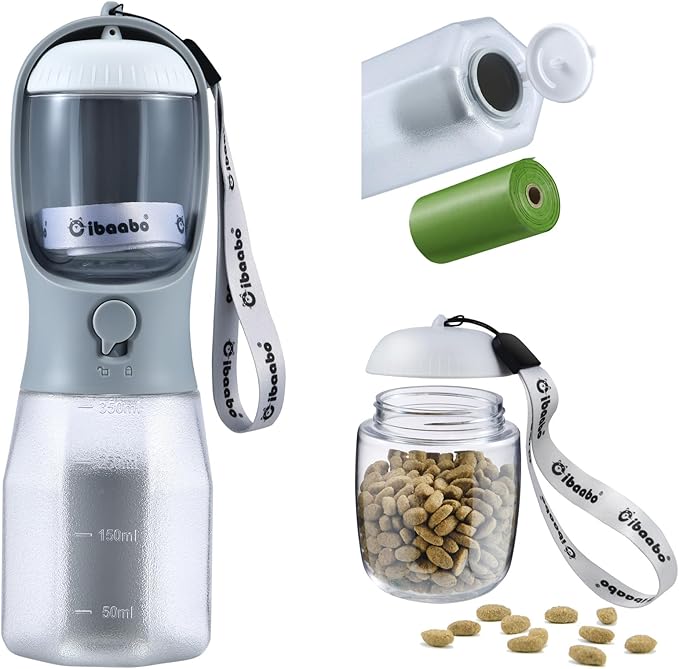 Dog Water Bottle with Food Container & Poop Bag Holder, Travel Water Bowl, Portable Pet Dispenser, Dog Gifts Stuff Accessories Items, Puppy Essentials for Yorkie Chihuahua Walking Hiking