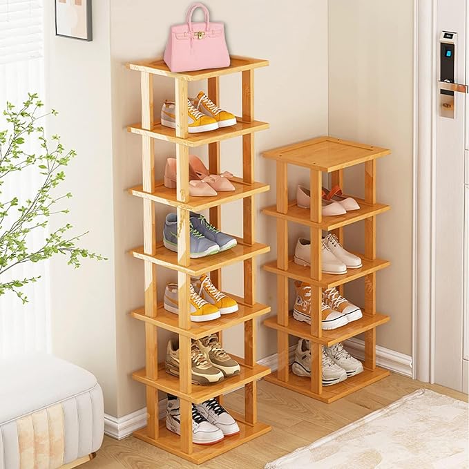 Bamboo Shoe Rack 12-Tier - Vertical Shoe Rack for Small Spaces, Tall Narrow Shoe Rack Organizer for Closet, Entryway, Corner, Garage, and Bedroom, Skinny Shoe Shelf with Free Stackable DIY