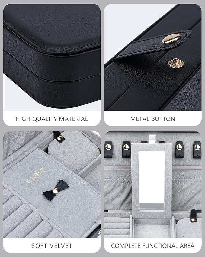 Travel Jewelry Organizer with Mirror Portable Case Small Jewellery Box Gift for Women for Earrings Rings Necklaces, Black A-1