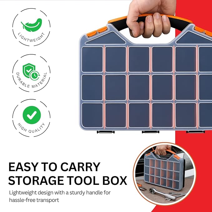 Andalus Tools Organizer Box, Small Parts Storage 18-Compartment Portable Hardware Organizer Removable Plastic Dividers for Screws, Nuts, Bolts, Nails – Orange (2 Pack, 12.75" x 10" x 1.75")