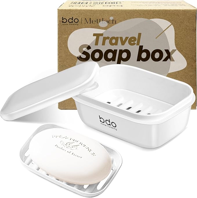 Travel Essentials Soap Holder with Lid,Leakproof Soap Dish with Drainage Layer, Portable Travel Soap Bar Case for Camping, Gym, Bathroom,Kitchen,Dormitory,Hotel(White)