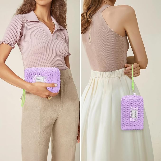 DOB SECHS Small Puffer Makeup Bag Quilted Cosmetic Bag with Handle, Cute Makeup Pouch for Purse, Cotton Woven Puffy Toiletry Bag for Women Mini Quilt Travel Essentials Organized Zipper Pouches, Purple