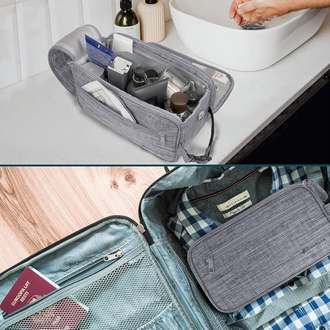 PAVILIA Toiletry Bag for Men, Travel Essentials Shaving Dopp Kit, Men's Travel Bag Toiletries Organizer Case for Grooming, PU Leather Water Resistant Cosmetic Bag Pouch (Heather Grey)