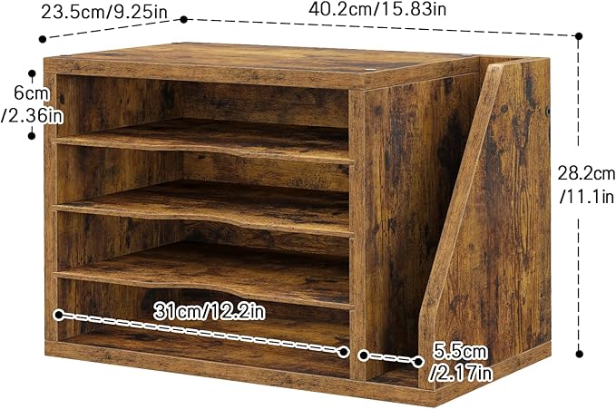 Creso hom Mail Sorter, File Organizer Desktop, Wood Desk Organizer with 3 Adjustable Shelves, Mail Holder for Office, Home, Letter Sorter File Holders for Envelopes, Supplies Magazines, Rustic Brown
