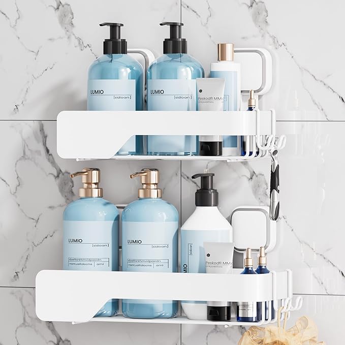 TAILI Shower Caddy Suction Cup 2 Pack, Stainless Steel Rustproof Shower Shelves, No Drilling Wall Mounted Basket, Large Capacity, Removable Suction Cup Bathroom Organizers & Home Decor, White