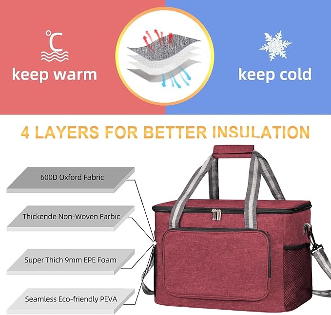 iknoe Large Collapsible Cooler Bag, 24L Insulated Bags, Leakproof Lunch Cooler Tote with Multi-Pockets for Adult Insulated Thermal Bag for Beach, Picnic, Office Work, Claret 36-Can