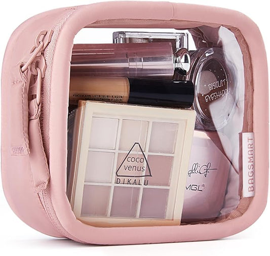 BAGSMART Mini Clear Makeup Bag for Women Portable Travel Toiletry Bag, Cute Small Water-Resistant Cosmetic Bag TSA Approved Clear Makeup Case Pouch with Zipper for Car Essentials (Blush Pink)