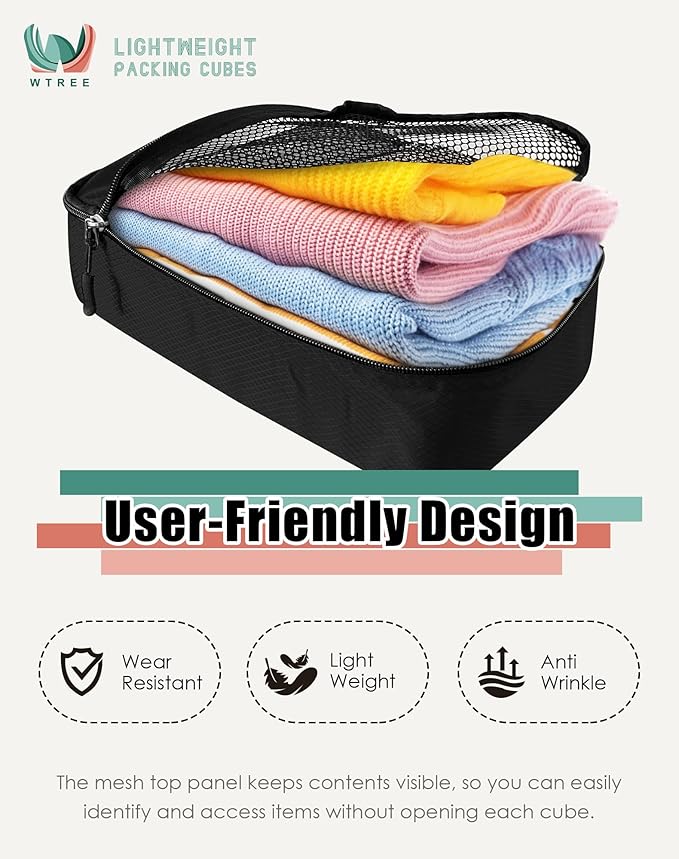 4-Piece Packing Cubes Travel Accessories Set for Suitcases - Luggage Organizer Bags with Double Zipper - Mesh Top - Small/Medium/Large/Slim - Black