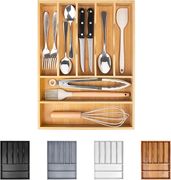 Bellsal Bamboo Silverware Drawer Organizer, Kitchen Utensil Drawer Organizers, 12"x15.7" Utensils Holder Cutlery Tray with Grooved Drawer Dividers for Kitchen Flatware Bedroom Office (7 Slot, Natural)