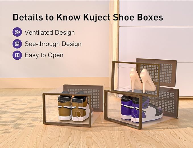 Kuject X-Large Shoe Storage Boxes Organizers for Closet 12 Pack, Fit Size 11, Clear Plastic Stackable Sneaker Containers for Entryway, Space Saving Shoe Rack, Brown