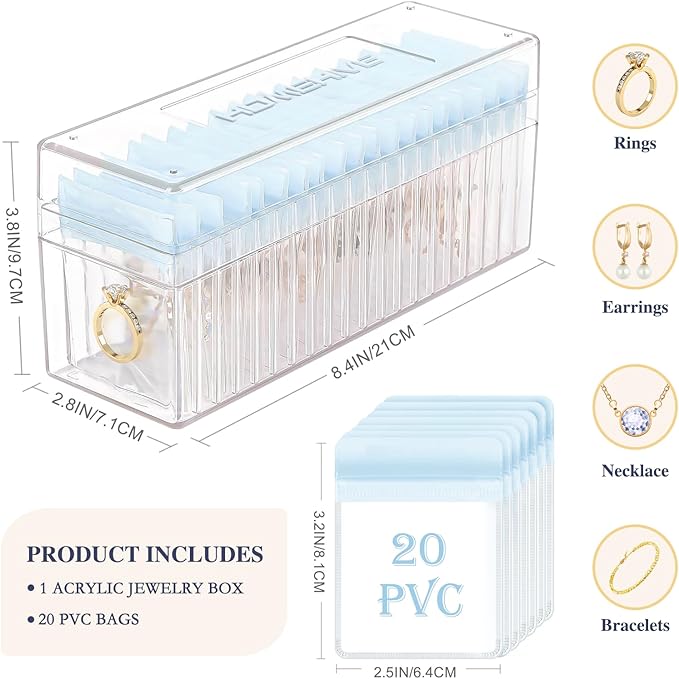 Acrylic Jewelry Box Organizer, Clear Jewelry Organizer Holder with 20 Portable Anti Tarnish Jewelry bags, Travel Jewelry Case for Earrings/Rings/Necklaces for Women Girls, Blue