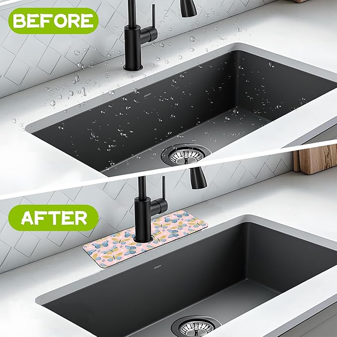Butterflies and Chamomile Kitchen Sink Splash Guard Faucet Mat Super Absorbent Fast Drying Mat Guard Behind Faucet Drip Catcher for Kitchen Bathroom, 15.5"X5.5"