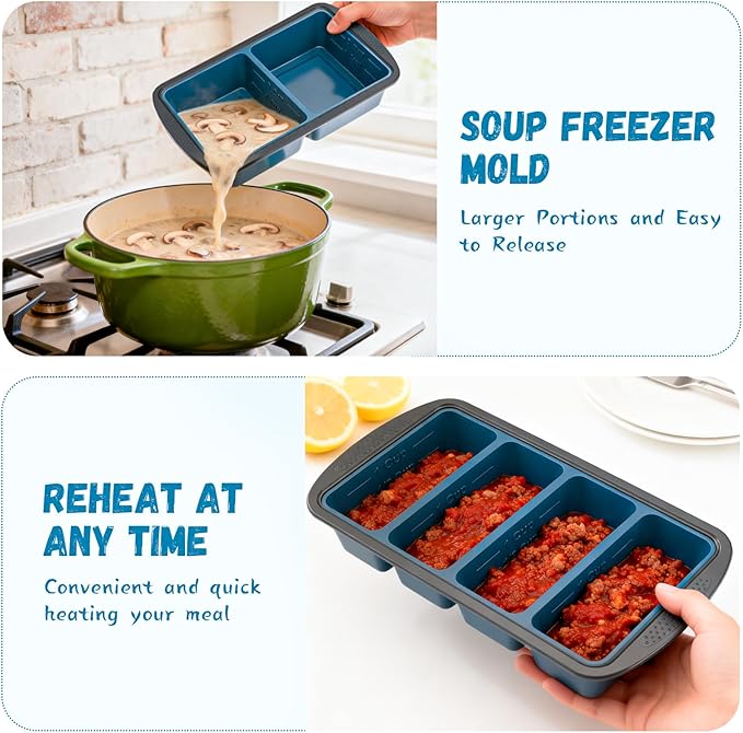 GORCI Silicone Freezer Tray With Lid, 8 Large 1 Cup Soup Freezer Molds, Soup Freezer Container for Meal Prepping, Large Ice Cube Tray， Perfect for Storing Leftovers, Sauces, Lasagna, 2-Pack