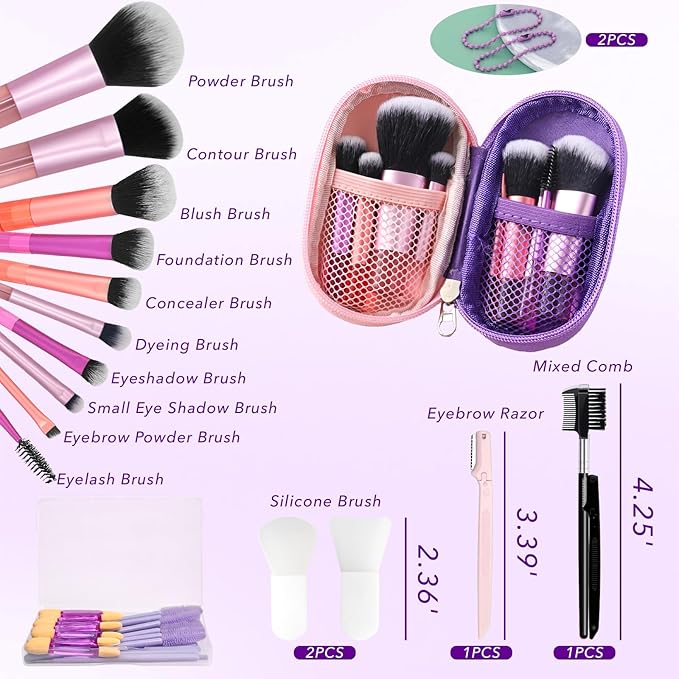 Travel Makeup Brush Set, 77Pcs Mini Makeup Kit Synthetic Foundation Concealers Eye Shadows Brushes Powder Puff with Eyelash Curler Eyebrow Razor Comb Mirror Hair Clips Cosmetic Bag (Purple)
