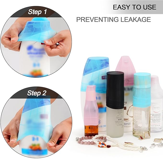 Travel Hanging Toiletry Bag for Women and Men, with 8 Leak Proofing Silicone Bottle Covers, Waterproof Makeup Accessories, Cosmetic Essentials, Cruise Ship Toiletry Bag with Jewelry Organizer, Black