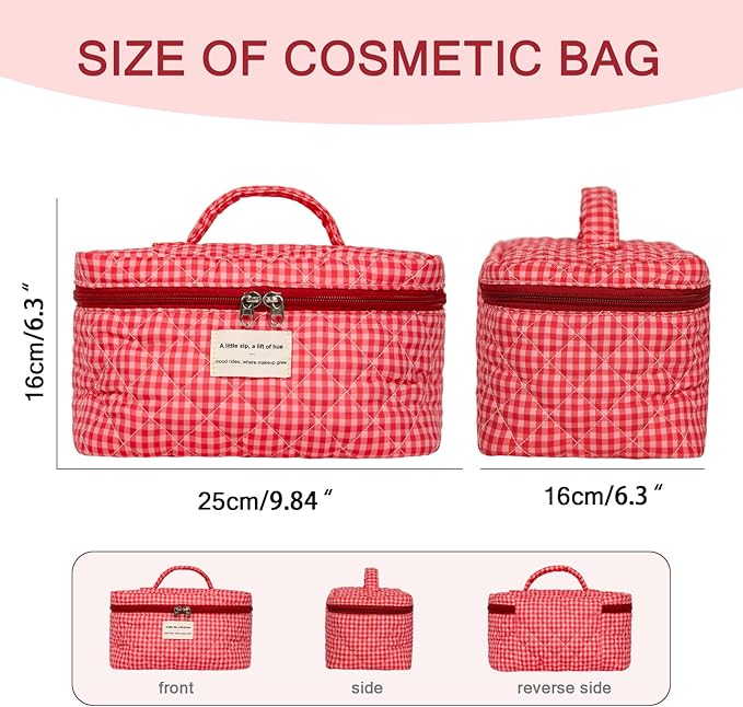 Large Makeup Bag, Cute Cosmetic Bag for Women Girls, Floral Coquette Aesthetic Toiletry Bag, Travel Make Up Organizer Bag(Red Checkered)
