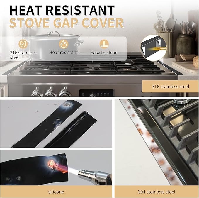 Stove Gap Covers 316 Stainless Steel,2 Pack 23.2" Fixed Stove Gap Filler,Heat Resistant Stove Gap Guards,Between Stove and Counter Slide In Range Trim Kit for Kitchen,Matte Black