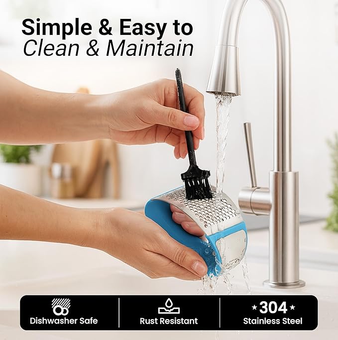 Zulay Kitchen Stainless Steel Garlic Press Rocker Set - Premium Garlic Mincer Garlic Crusher - New Innovative Garlic Crusher with Peeler and Scraper - Comfortable Grip (Blue)