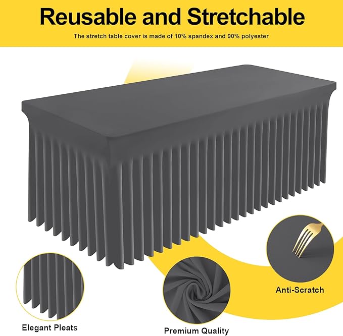Smiry Spandex Tablecloth, Elastic Fitted Stretch Tablecloth for 8FT Rectangle Tables, Waterproof Washable Table Cover Skirt for Outdoor, Wedding, Parties & Banquet (Dark Grey, 96Lx30Wx30H Inch)