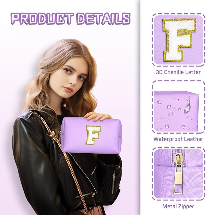 TOPEAST Preppy Small Makeup Bag, Chenille Letter Pouch Cosmetic Bag With Zipper, PU Leather Waterproof Toiletry Bag, Personalized Birthday Gift for Women, Cute Stuff for Girls (Purple D)