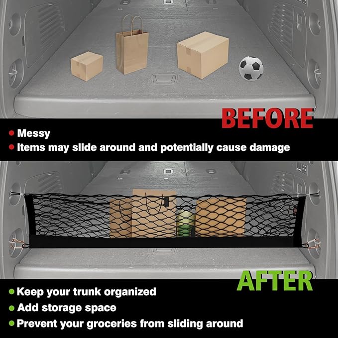 Muslogy Envelope Style Trunk Cargo Net Compatible with 2015-2020 Chevy Tahoe, GMC Yukon, Cadillac Escalade Accessories Upgraded Mesh Storage Luggage Net with Metal Hooks