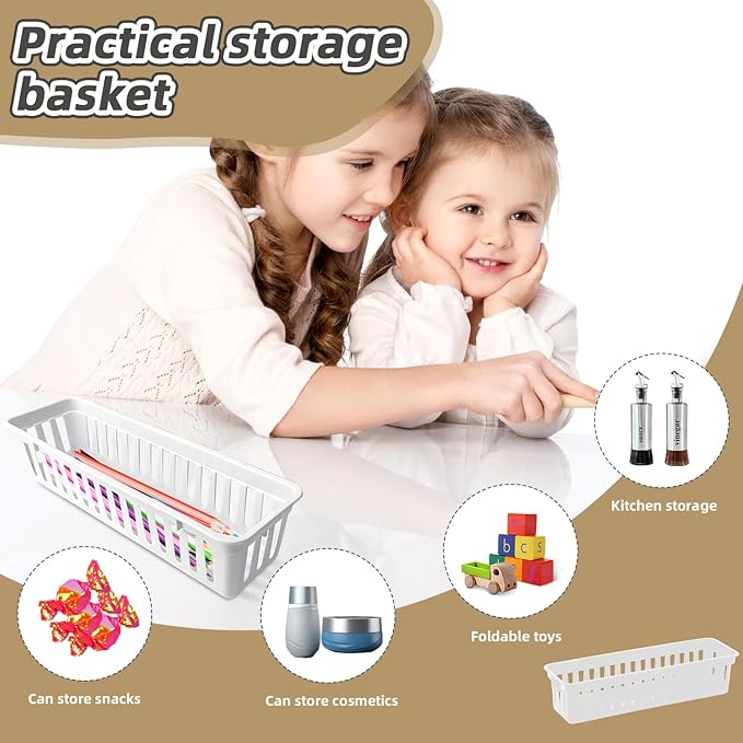 12 Pack White Slim Plastic Storage Baskets, Small Stackable Drawer Organizer Trays for Classroom, Desk, Vanity, Bedroom, Bathroom, Kitchen and Garage