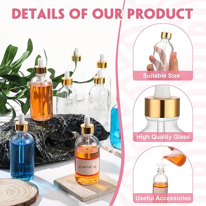 Fumete 2 Pack Glass Bottles 4oz Empty Refillable Liquid Containers with 1 Label 1 Funnel for Essential Oils Hair Travel Plants Cleaning Skin Care (Clear, Gold Top,Dropper Bottle)