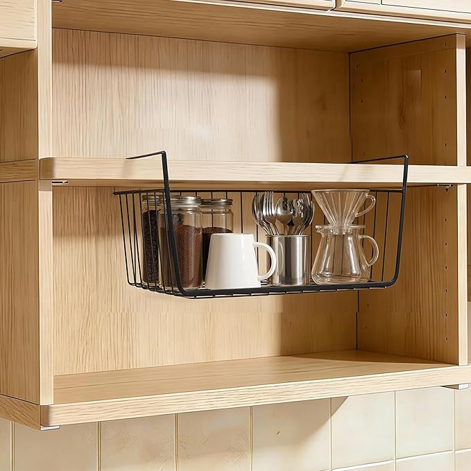 ELEATTRUN Undershelf Storage Basket Under Shelf Wire Basket Household Metal Under Shelf Hanging Storage Bin Basket Slides Under Shelves for Storage Space Saving for Kitchen Pantry Bookshelf 4 PCS