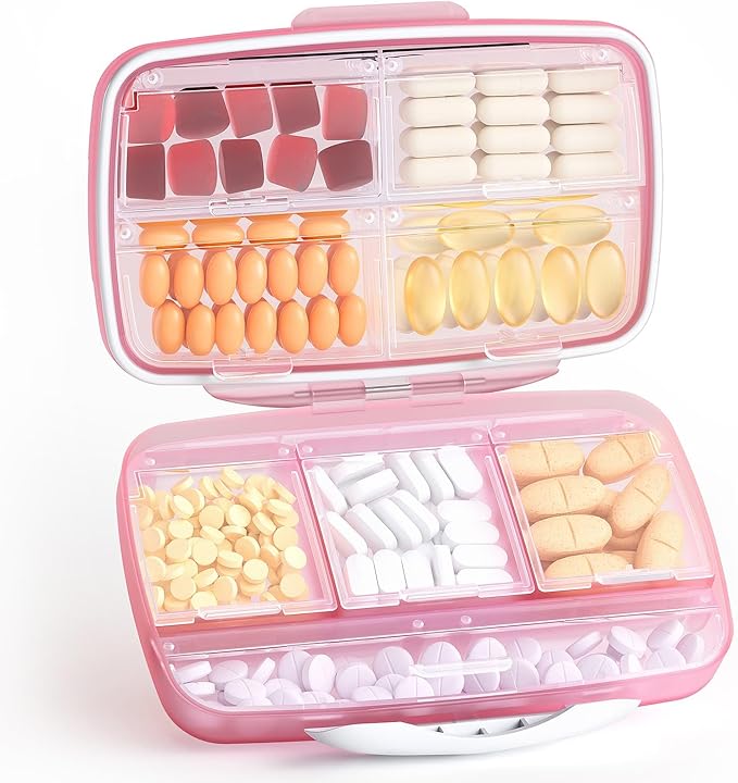 Barhon Travel Pill Organizer with 8 Large Compartments, Travel Pill Box Pocket Pharmacy Moisture-Proof, Portable Vitamin Organizer Medicine Cases for Fish Oil & Supplements (Pink)