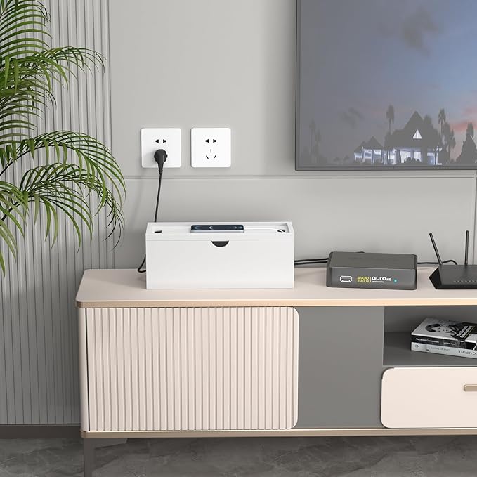 Bamboo Cable Management Box, Large Cord Organizer Box Cable Box to Hide Wires & Power Strips for Desktop Storage Cord Holder for Office Home, No Assembly Required (All White, Large)