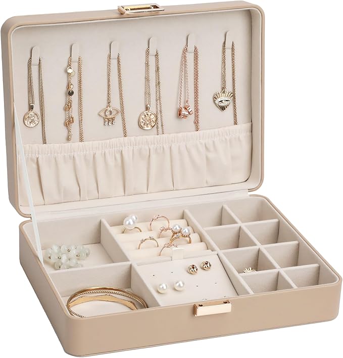 Leather Jewelry Box Elegant Small Jewelry Chest for Women Gift Box for Necklace, Ring, Earring Storage Portable Design for Travel & Home Use Apricot