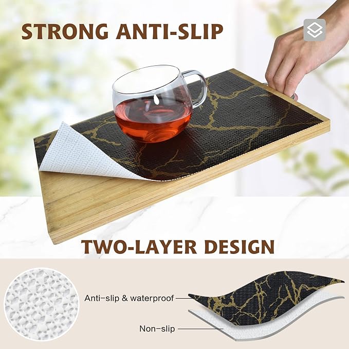 2-Layer Drawer and Shelf Liner for Kitchen Cabinet: 12in X 20Ft Non Slip Waterproof Shelf Paper Non Adhesive Refrigerator Liners Black/Gold Marble Easy Liners for Bathroom with Knife Tape Measure