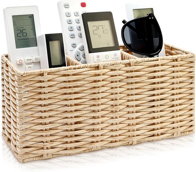 TV Remote Control Holder for Table Bedside Remote Caddy Storage Organizer Couch Nightstand Remote Box TV Controller Holder for Cutlery Silverware Desk Pen Organizer Wicker Decor Utensil Caddy Basket