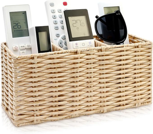 TV Remote Control Holder for Table Bedside Remote Caddy Storage Organizer Couch Nightstand Remote Box TV Controller Holder for Cutlery Silverware Desk Pen Organizer Wicker Decor Utensil Caddy Basket