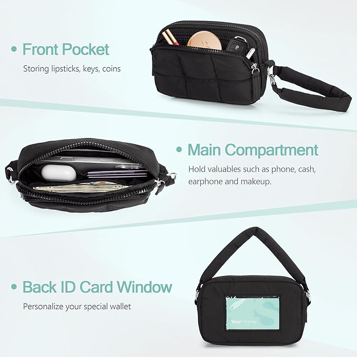 Women's Wristlet Wallets, Small Puffy Wristlet Purses with Zipper, Travel Credit Card Holder Phone Organizer Bag