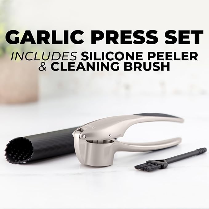 Zulay Kitchen Large Premium Garlic Press Set – Rust Proof & Dishwasher Safe, Bigger Bowl Garlic Mincer Tool with Silicone Garlic Peeler & Brush, Easy Squeeze & Clean, Ergonomic Handle - Silver