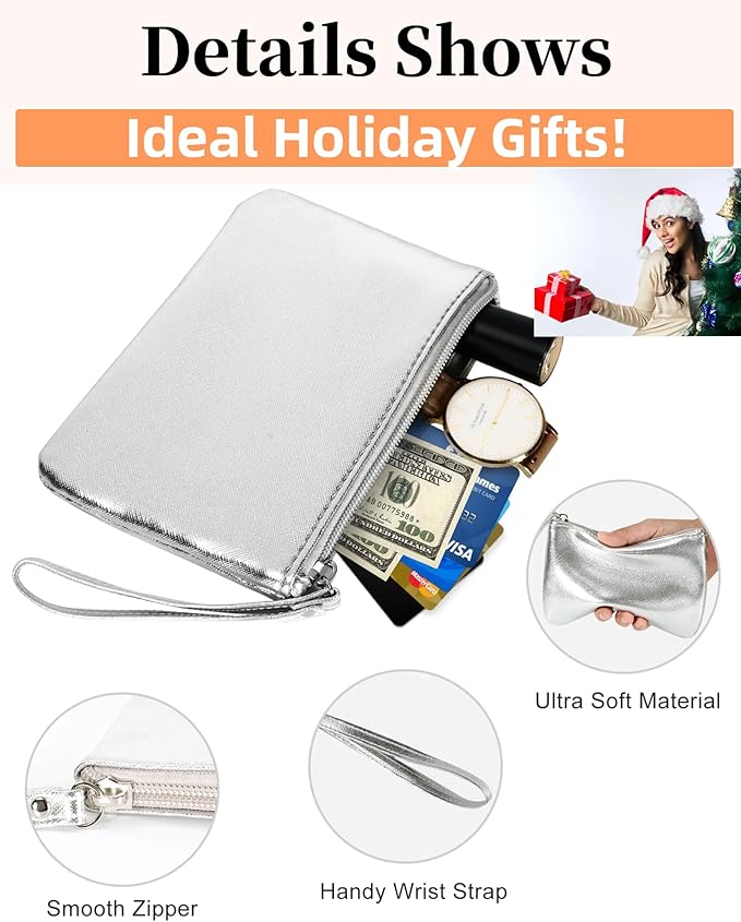 2 Pack Small Zipper Pouch Mini Makeup Bag for Purse Lipstick Cosmetic Travel Make Up Organizer for Women Essentials Feminine Products, Car Change Coin Holder 8x5 Phone Wristlet Wallet, Silver