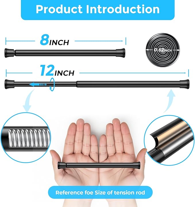 AIZESI 4PCS Small Spring Tension Curtain Rod 8 to 12 Inch, Mini DIY Tension Rods No Drill for Slim Window Sidelights Cupboard, Black