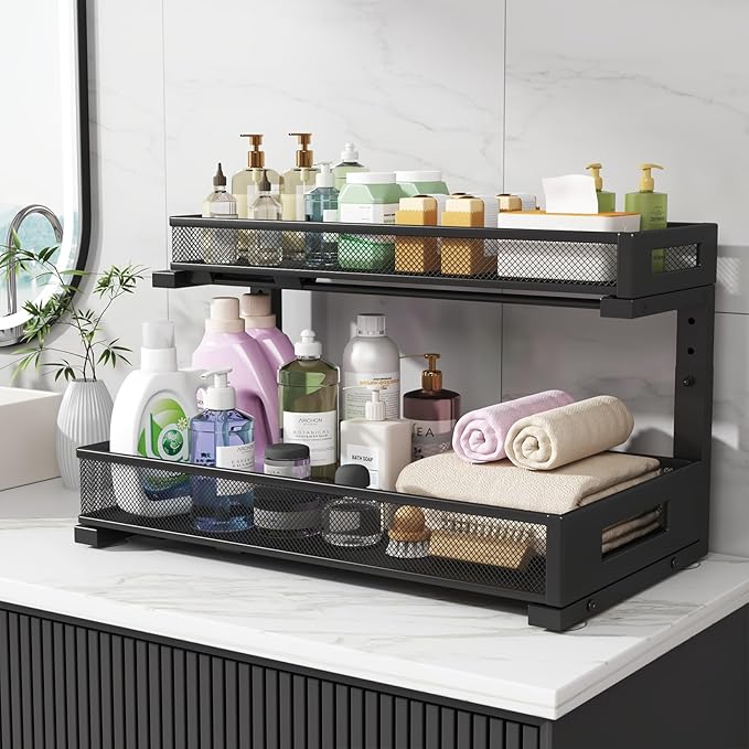 1 Pack 19-Inch Deep Under Sink Storage Organizer, Large 2-Tier Elegant Mesh Pull-Out Shelf for Kitchen and Bathroom Cabinet Organization, L-Shaped and Adjustable Height Design - Black