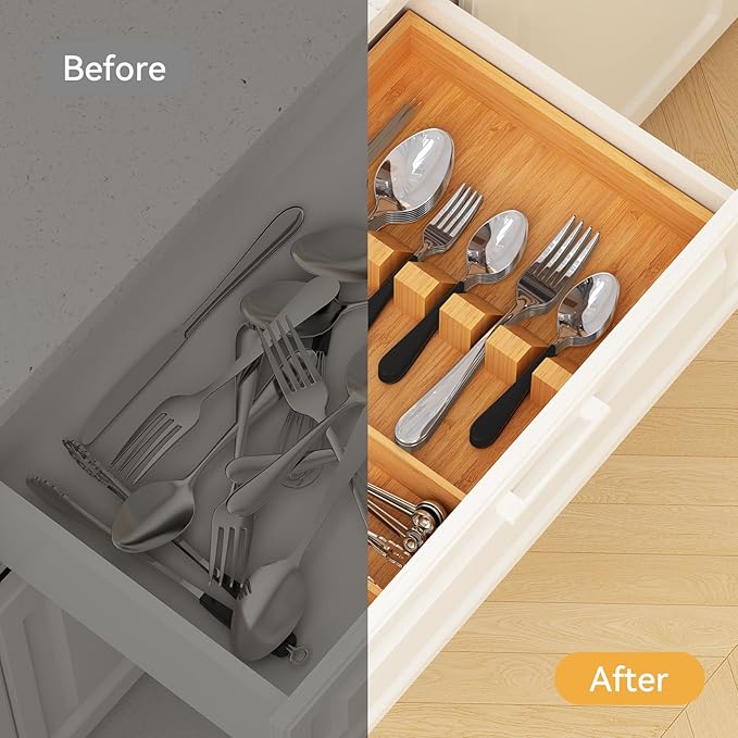 Yofidra Bamboo Silverware Organizer, 16.53 x 10.3 x 1.96 Inches Kitchen Utensil Drawer Organizer, Silverware Tray for Drawer with Fixed Slots for Spoons, Forks & Knives, Natural