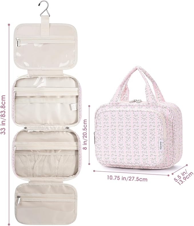 Narwey Hanging Toiletry Bag for Women Travel Makeup Bag Organizer Toiletries Bag for Travel Size Essentials Accessories Cosmetics (Pink Flower Buds (Medium))