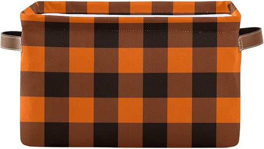 Aslsiy Storage Basket Orange Black Plaid Nursery Bins Baby Box Canvas Clothes Shelf Basket Laundry Hamper Gift Basket for Home Closet 1 Pcs