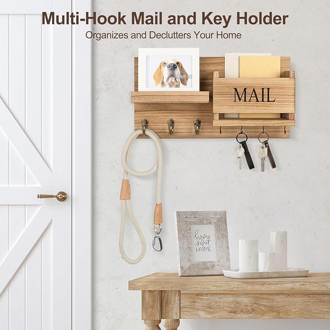 Mail Organizer for Wall Mount – Key Holder with Shelf Includes Letter Holder and Hooks for Hallway Farmhouse Decor – Rustic Wood with Flush Mounting Hardware (16.5” x 9.1” x 3.4”) (Wood)