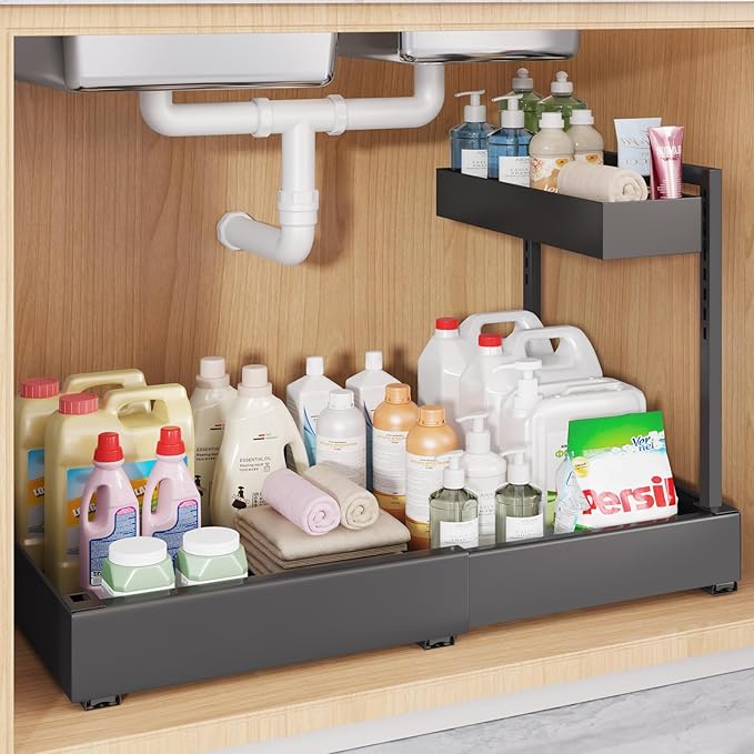 1-Pack L-Shape Expandable Under Sink Organizer with 3 Ball-Bearing Slide Rails, 2-Tier Pull-Out Under Cabinet Storage Shelf for Kitchen & Bathroom, Height-Adjustable Slide-Out Cabinet Drawer - Black
