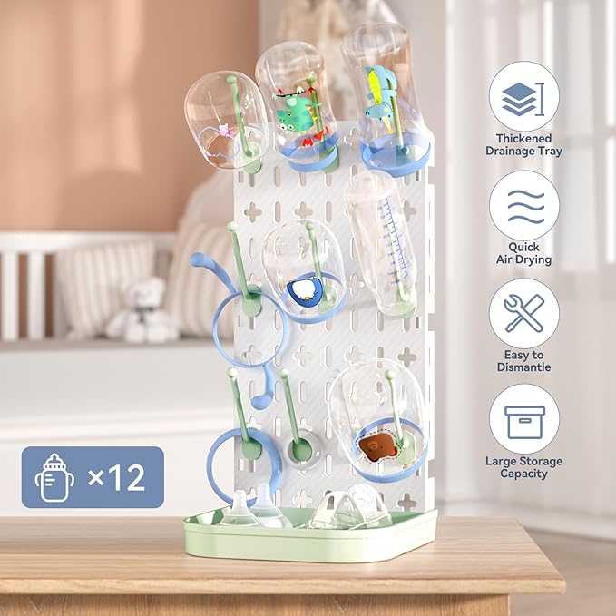 Baby Bottle Drying Rack Bottle Dryer Rack for 12 Bottle Drying Rack Space Saving Kitchen Countertop Vertical Cup Drainer Rack Detachable Baby Bottle Holder Storage Organizer Pump Part Dryer Rack Green