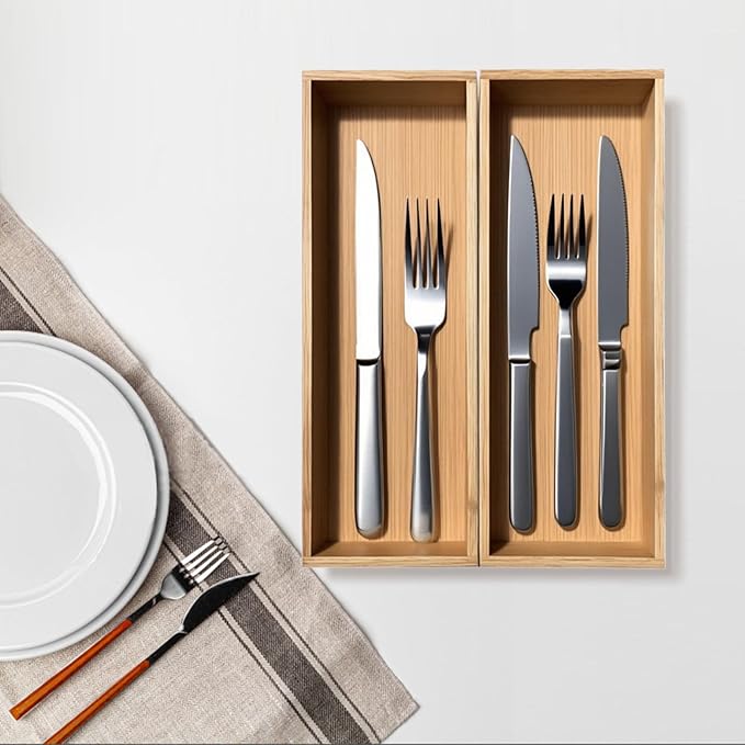 Bamboo Drawer Silverware Organizer, Silverware Tray, Flatware Organizer, Bamboo Storage Box Suitable for Office, Bathroom and other objects storage (9.85"x3.55"x1.78"- Set of 2)