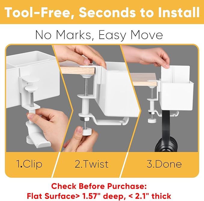 4-in-1 Clip On Desk Cup Holder - Adjustable Mountable Cup Holder with Divider & Rotating Hook - Large No Spill Clamp On Drink Holder Attachment - for Desk Chair Table Bed Tray - White