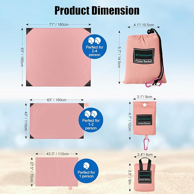 Odoland Beach Blanket Picnic Blanket, 43.3" x 27.5" SandProof Waterproof Outdoor Pocket Blanket with Portable Bag, Foldable Lightweight Sand Free Beach Mat for 1 People Hiking, Camping, Travel, Pink