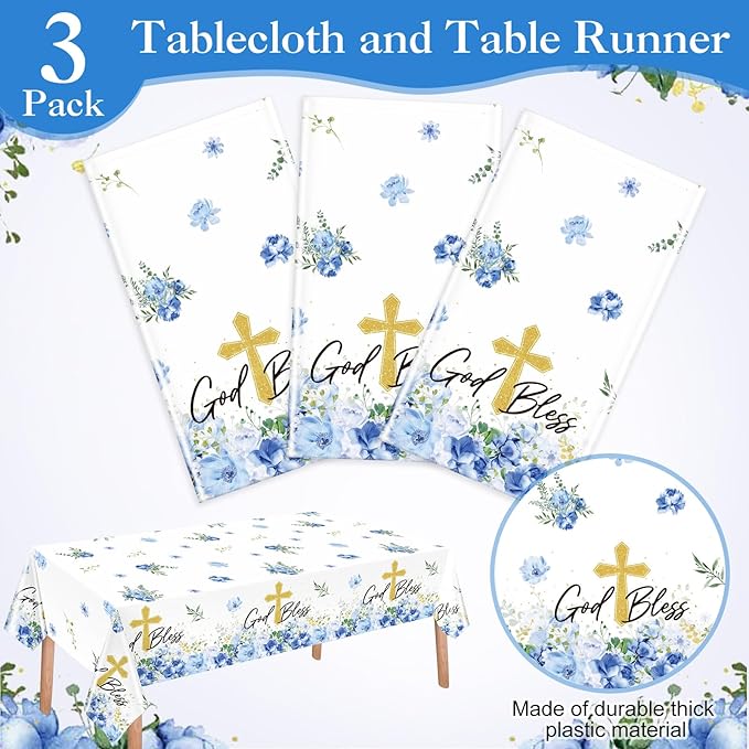 Ganeen 3 Pcs Baptism Tablecloth First Holy Communion Tablecloth Blue Boy God Bless Disposable Plastic Waterproof Cross Table Covers for Christening Baby Shower Religious Decor, 54 x 108 Inch