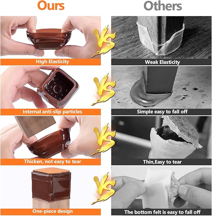 36pcs Square Chair Leg Floor Protectors, Felt Pads Chair Leg Protectors for Hardwood Floors, Silicone Furniture Feet Cups Covers Felt Pads, Prevents Scratches & Reduce Noise, Brown, X-Small